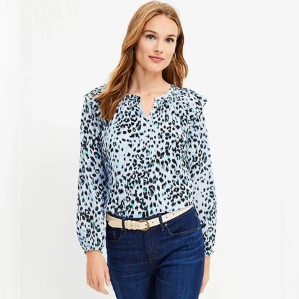 LOFT Blue Animal Leopard Print Blouse Ruffles Long Puff Sleeve Size Petites XXSP